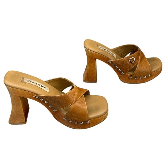 Steve Madden Vintage Y2k Chunky Wood Heel Platform Leather Slide Sandal Women 6B - Picture 4 of 10